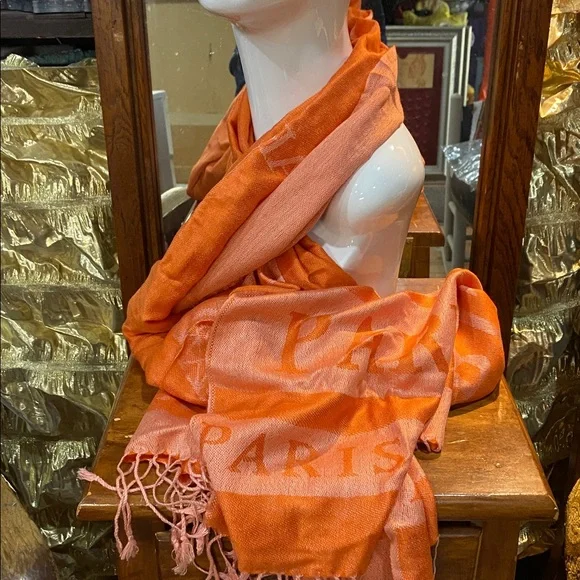 Paris Script Orange Silk Blend Scarf Wrap 80 x 27 inch NWOTs - Picture 1 of 7